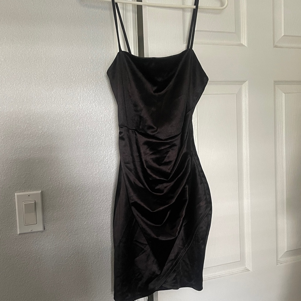 Windsor Black Satin Asymmetric Ruched Mini Dress - Picture 3 of 3